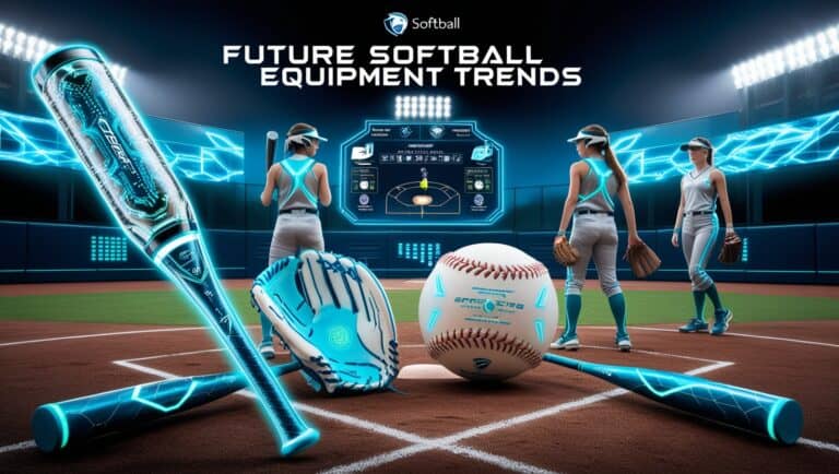 Future softball equipment trends. Imagine a technologically advanced scene showcasing the future of softball equipment on a cutting-edge field. The focus is on a set of futuristic softball gear, including a sleek, high-tech bat made from a lightweight, transparent material that shimmers with embedded digital patterns. The glove is designed with smart fabric that adapts to different pitches, outlined with glowing elements. The softball itself is a marvel, incorporating microchips for real-time tracking and analysis. In the background, there's a digital scoreboard integrated into an augmented reality system that projects stats and player information onto the field. The players wear streamlined uniforms with breathable, flexible materials that reflect light and have built-in biometric sensors. The overall atmosphere is one of innovation and futuristic technology, with a vibrant color palette featuring neon blues, metallic silvers, and hints of electric green. The setting captures a blend of traditional sport and advanced technology, emphasizing both the evolution and excitement of future softball trends.