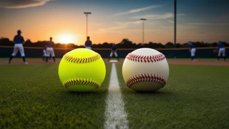 Image that illustrates the contrast between high-visibility vs standard softballs. The scene is set on a softball field with the sun setting in the background, casting an orange glow over the landscape. In the foreground, place two softballs side by side on the rich green grass. The high-visibility softball is vibrant, with a neon yellow color that almost seems to emit a subtle glow under the dimming light. Its surface is slightly reflective, catching the viewer's eye immediately. Next to it, the standard softball is a classic off-white with traditional red stitching, appearing more muted against the backdrop. The image should highlight the stark difference in color and luminance between the two balls, suggesting the enhanced visibility of the high-visibility softball even in low-light conditions. The background should include blurred figures of a softball team practicing, reinforcing the sports setting.