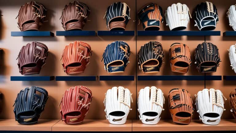 The image should resemble a neatly organized display in a sports equipment store. Arrange the gloves horizontally, each clearly labeled, to highlight their unique webbing styles. Closed Web: This glove has a solid web, perfect for pitchers. Capture its subtle details, such as the tight leather lacing and solid construction, emphasizing its ability to obscure the ball. Modified Trap-Eze Web: Depicts an open and flexible webbing design that combines both durability and flexibility, ideal for infield positions. Highlight the crisscross pattern with thin leather strips forming a unique shape. Basket Web: Show the intricate woven grid pattern that resembles a basket. Emphasize its strength and ability to easily catch and conceal the ball. I-Web: This glove features an 'I' shape created by thin leather strips. Illustrate how it provides excellent visibility and a shallow pocket, ideal for infielders. H-Web: Depict the classic 'H' structure formed by two horizontal leather strips connected with vertical laces. It should exemplify versatility and be perfect for both infield and outfield positions. Trapeze Web: Emphasize the wide, open design suited for outfielders, perfect for snagging hard-to-reach balls. Highlight the unique patterns of straps running in parallel. Each glove should be crafted with realistic textures, showing fine details in the leather and stitching. Softball glove web types