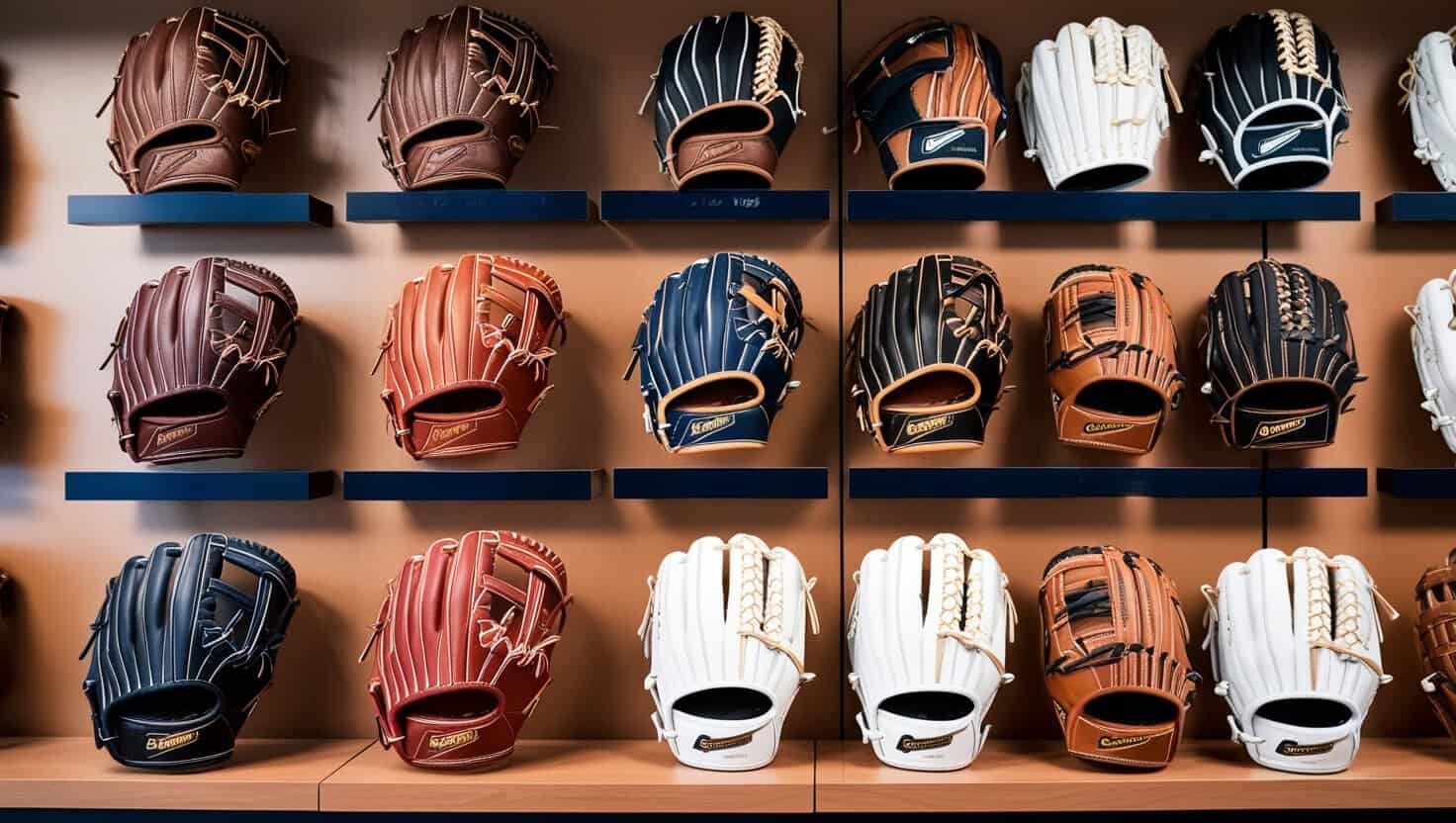 The image should resemble a neatly organized display in a sports equipment store. Arrange the gloves horizontally, each clearly labeled, to highlight their unique webbing styles. Closed Web: This glove has a solid web, perfect for pitchers. Capture its subtle details, such as the tight leather lacing and solid construction, emphasizing its ability to obscure the ball. Modified Trap-Eze Web: Depicts an open and flexible webbing design that combines both durability and flexibility, ideal for infield positions. Highlight the crisscross pattern with thin leather strips forming a unique shape. Basket Web: Show the intricate woven grid pattern that resembles a basket. Emphasize its strength and ability to easily catch and conceal the ball. I-Web: This glove features an 'I' shape created by thin leather strips. Illustrate how it provides excellent visibility and a shallow pocket, ideal for infielders. H-Web: Depict the classic 'H' structure formed by two horizontal leather strips connected with vertical laces. It should exemplify versatility and be perfect for both infield and outfield positions. Trapeze Web: Emphasize the wide, open design suited for outfielders, perfect for snagging hard-to-reach balls. Highlight the unique patterns of straps running in parallel. Each glove should be crafted with realistic textures, showing fine details in the leather and stitching. Softball glove web types