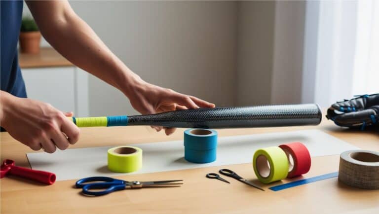 Image depicts a step-by-step guide to applying grip tape on the handle of a metal alloy softball bat. The setting is a well-lit room, with a clean wooden table as the workspace. The alloy metal softball bat, prominently placed in the center, is partially wrapped starting at the end by the knob with a spiral of colorful grip tape. The focus is on the hands of the person demonstrating the process, highlighting precision and care. Nearby, various tools and materials should be visible, including scissors, additional rolls of tape in different colors and textures, and perhaps a ruler for measurement. In the background, a softball glove and a couple of softballs hint at the sport's context. The overall vibe of the image is informative and inviting, encouraging viewers to try the technique themselves. Softball Bat Tape Application