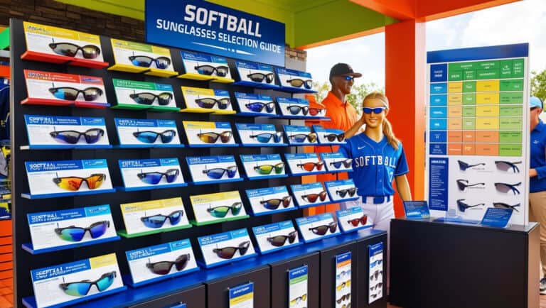 The scene is a vibrant outdoor sports store display, featuring a wide array of sunglasses specifically designed for softball players. Various styles are neatly organized across a series of display stands, labeled with small informational tags. Each tag highlights key features such as UV protection, impact resistance, polarized lenses, and comfort fit for active use. To the side, a life-sized chart illustrates how different lens tints can enhance visibility in various weather conditions—sunny, cloudy, dusk. There's a mannequin dressed in a softball uniform trying on a pair, with a friendly sales representative in the background engaged in conversation with a customer. The atmosphere is engaging and educational, with bright lighting emphasizing the colorful, sporty aesthetics of the sunglasses. Softball Sunglasses Selection Guide