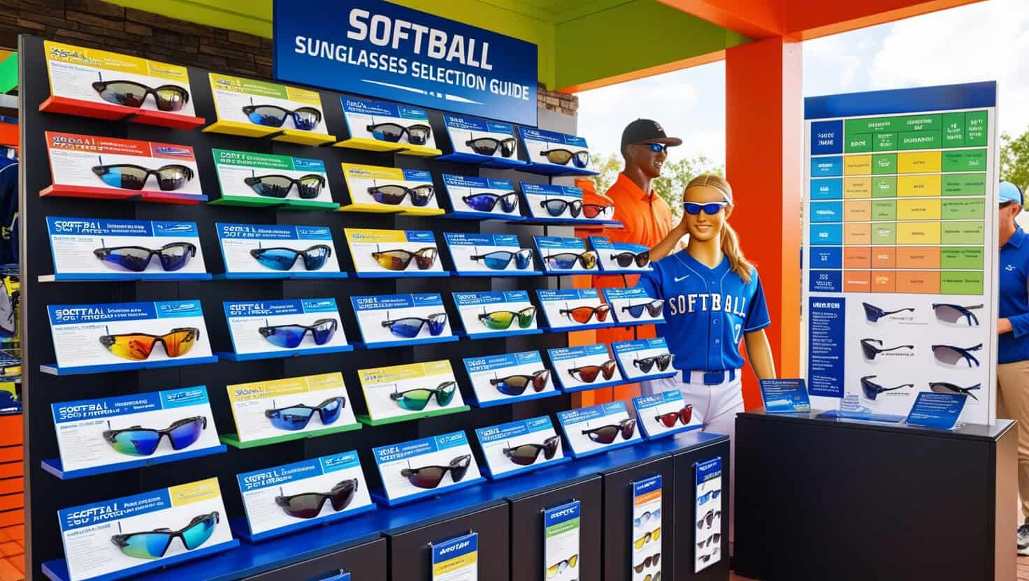 The scene is a vibrant outdoor sports store display, featuring a wide array of sunglasses specifically designed for softball players. Various styles are neatly organized across a series of display stands, labeled with small informational tags. Each tag highlights key features such as UV protection, impact resistance, polarized lenses, and comfort fit for active use. To the side, a life-sized chart illustrates how different lens tints can enhance visibility in various weather conditions—sunny, cloudy, dusk. There's a mannequin dressed in a softball uniform trying on a pair, with a friendly sales representative in the background engaged in conversation with a customer. The atmosphere is engaging and educational, with bright lighting emphasizing the colorful, sporty aesthetics of the sunglasses. Softball Sunglasses Selection Guide