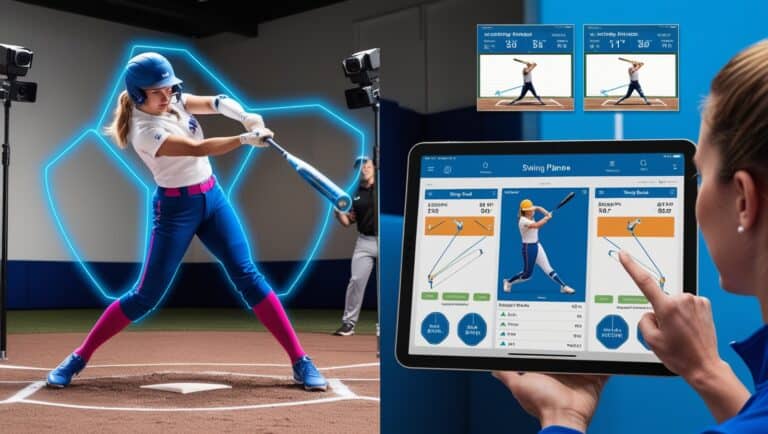 A split-screen dynamic composition showing modern softball swing analysis technology in action. Left side: A female softball player mid-swing in perfect form, wearing sleek motion capture sensors on her arms and bat, with digital tracking lines highlighting her swing path in neon blue. Multiple high-speed cameras visible in strategic positions. Right side: A professional-looking tablet display showing real-time swing data, including bat speed, attack angle, and swing plane visualizations with easy-to-read graphics and charts. The player should be wearing modern softball attire in vibrant colors. The setting should be an indoor training facility with professional lighting. Include a coach pointing at the tablet screen, suggesting instruction and learning. Digital readouts and metrics should be clearly visible on the tablet. The overall image should convey high-tech precision while maintaining an accessible, practical training atmosphere. Small inset photos of 'before and after' swing comparisons on the tablet screen. Softball Swing Analyzer Benefits