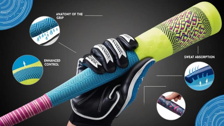 Grip tape on a softball bat. Centralize the image on a close-up of a softball bat's handle, showcasing a vibrant and textured grip tape wrapped meticulously around it. Anatomy of the Grip: Highlight different sections of the bat handle with the grip tape, emphasizing the tactile texture and patterns such as spirals and crisscrossing patterns that improve grip. Enhanced Control: Visualize a player's gloved hand securely holding the bat, demonstrating improved control and comfort. The glove is well-fitted and ergonomically designed to suggest professionalism and skill. Ensure the hand has 5 fingers. Sweat Absorption: Illustrate small drops of moisture being absorbed by the grip tape, showcasing its absorption strength. Include visual indicators like small, discreet arrows or icons to emphasize the absorption process. Vibration Reduction: Include a subtle, ghost-like afterimage surrounding the bat to symbolize reduced vibrations upon impact. Use gentle waves or sound waves as a metaphor for this feature, dissipating as they meet the grip. Customization & Style: Show a selection of available grip tape designs in the background—ranging in colors, patterns, and even personalized logos or inspirational text that adds a personal touch to the equipment. Durability: Breakout illustrations around the main image could depict the grip tape enduring various weather elements. Softball bat grip tape benefits.