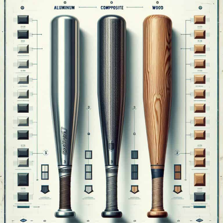 Create an image that visually represents a comparison of different materials used in softball bats. The composition should include three distinct softball bats, each prominently featuring a different material: aluminum, composite, and wood. Label each bat clearly with its material type. The aluminum bat should have a sleek, metallic sheen, with reflections catching the light. The composite bat should display a textured pattern, suggesting advanced technology and a modern feel. The wood bat should have a natural grain, showcasing its classic and traditional appearance. Arrange the bats parallel to each other on a white or neutral background, providing a clean and clear comparison. Include subtle annotations or icons, perhaps indicating durability, weight, and performance traits associated with each material type. The style should be informative yet visually engaging, suitable for an educational poster or infographic.softball bat materials comparison