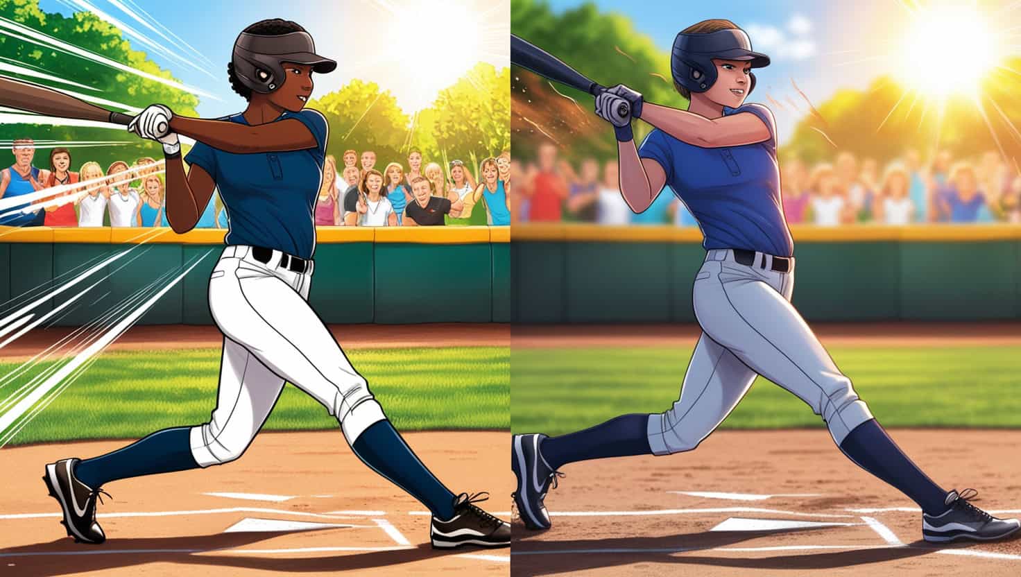 A dynamic, split-screen illustration of a softball player in a sunny outdoor field with vibrant, lush green grass and a cheerful crowd in the background. On the left side, the player, a person of color with dark brown skin and short, curly black hair, swings a lightweight bat with precision, their left hand gripping the lower part and their right hand above, demonstrating speed, control, and swift follow-through. Motion lines radiate from the bat, conveying energy and agility. On the right side, the same player, now with a heavyweight bat, unleashes powerful force, generating shockwaves and a blurred background that emphasizes strength and distance. The facial features are accurate, with a focused expression and a slight hint of determination. Next to the player of color is a teammate, a non-person of color with fair skin and short, spiky blond hair, observing with interest. The scene is bathed in warm, golden sunlight, with the crowd's faces blurred, emphasizing the player's singular focus. Depicting softball bat weight effects