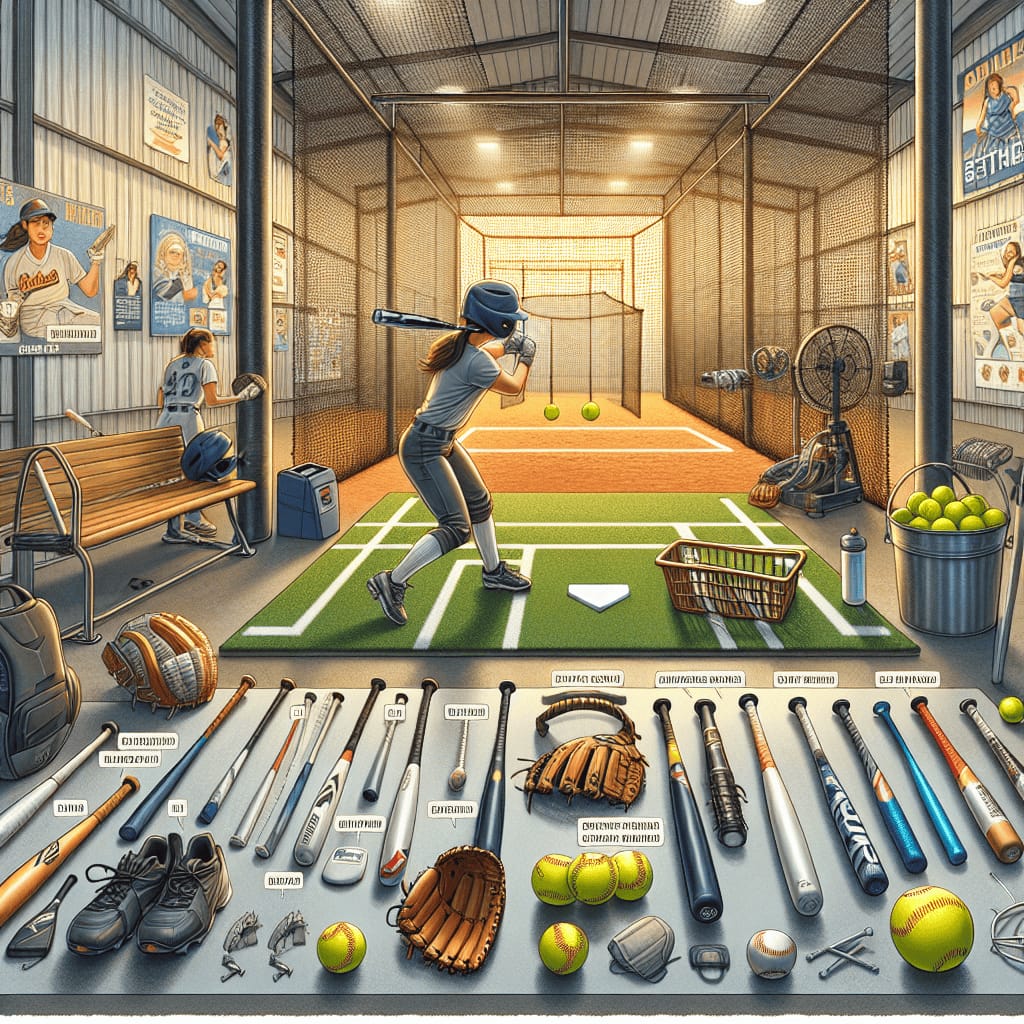 Create an image that serves as a comprehensive guide to softball batting cage accessories. The scene is set inside a modern indoor batting cage with a focus on various equipment neatly displayed. In the foreground, there is a detailed illustration of essential accessories like batting helmets, gloves, bats, and protective gear arranged on a shelf. Each item is labeled with brief descriptions, highlighting their features and benefits. To one side, a large net and a pitching machine are shown in action, with a softball mid-flight towards a batter in practice stance. The background includes motivational posters on the walls, a basket full of softballs, and a bench with a water bottle and towel. The lighting is bright, enhancing the vibrant colors of the equipment and creating an energetic atmosphere. This educational yet inviting setup is designed to inform viewers about the key components needed for an effective softball batting cage experience.softball batting cage accessories guide