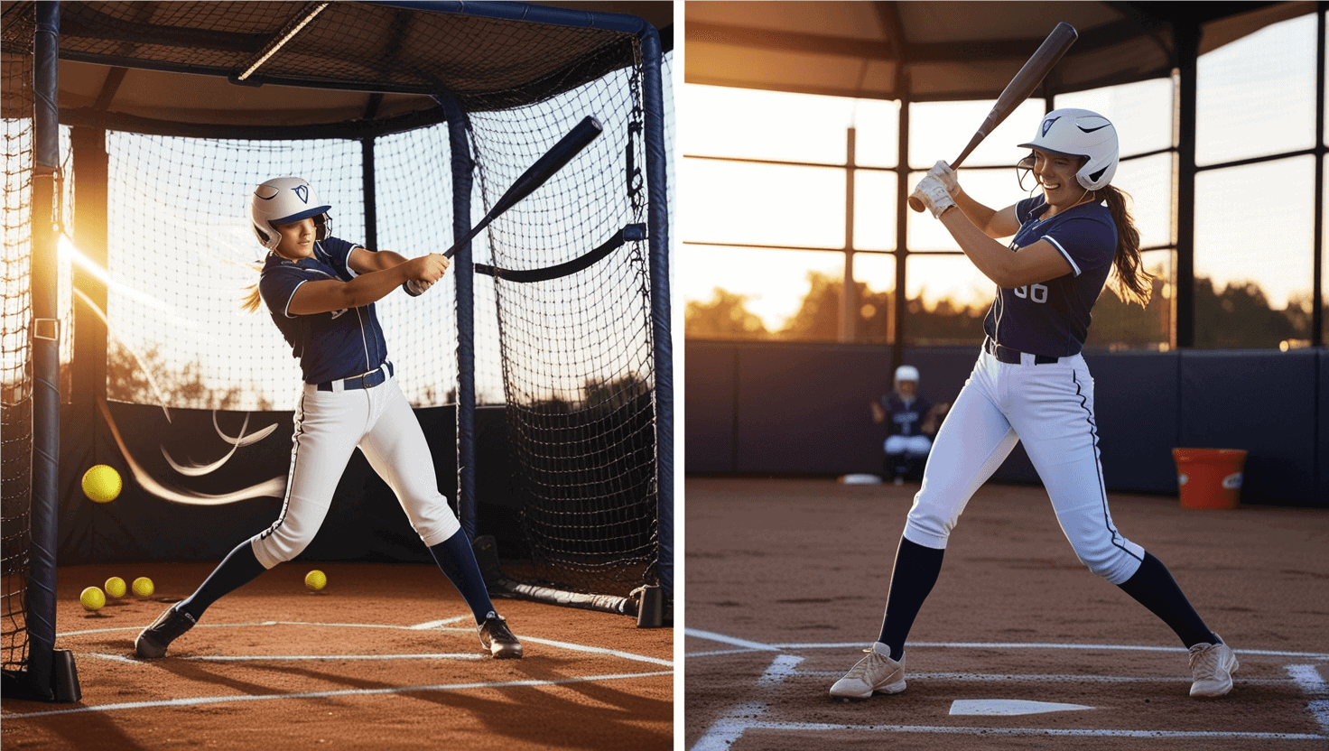 A split-screen action photo taken during golden hour. On the left side, a determined female softball player in proper batting stance inside a well-lit batting cage, making contact with a softball, with perfect form visible. Ball trails and motion blur show the swing path. Practice balls scattered at her feet indicate dedicated training. On the right side, the same player celebrating a successful hit during a real game, suggesting the benefits of cage practice. The lighting should be dramatic but clear, with the cage's mesh pattern creating subtle shadows. Include training equipment like a tee and bucket of balls in the background. The image should convey both the hard work of practice and the rewarding results, using warm, motivational colors. High shutter speed to freeze the action, shot from a slightly low angle to create a more powerful composition. Softball Batting Cage Benefits