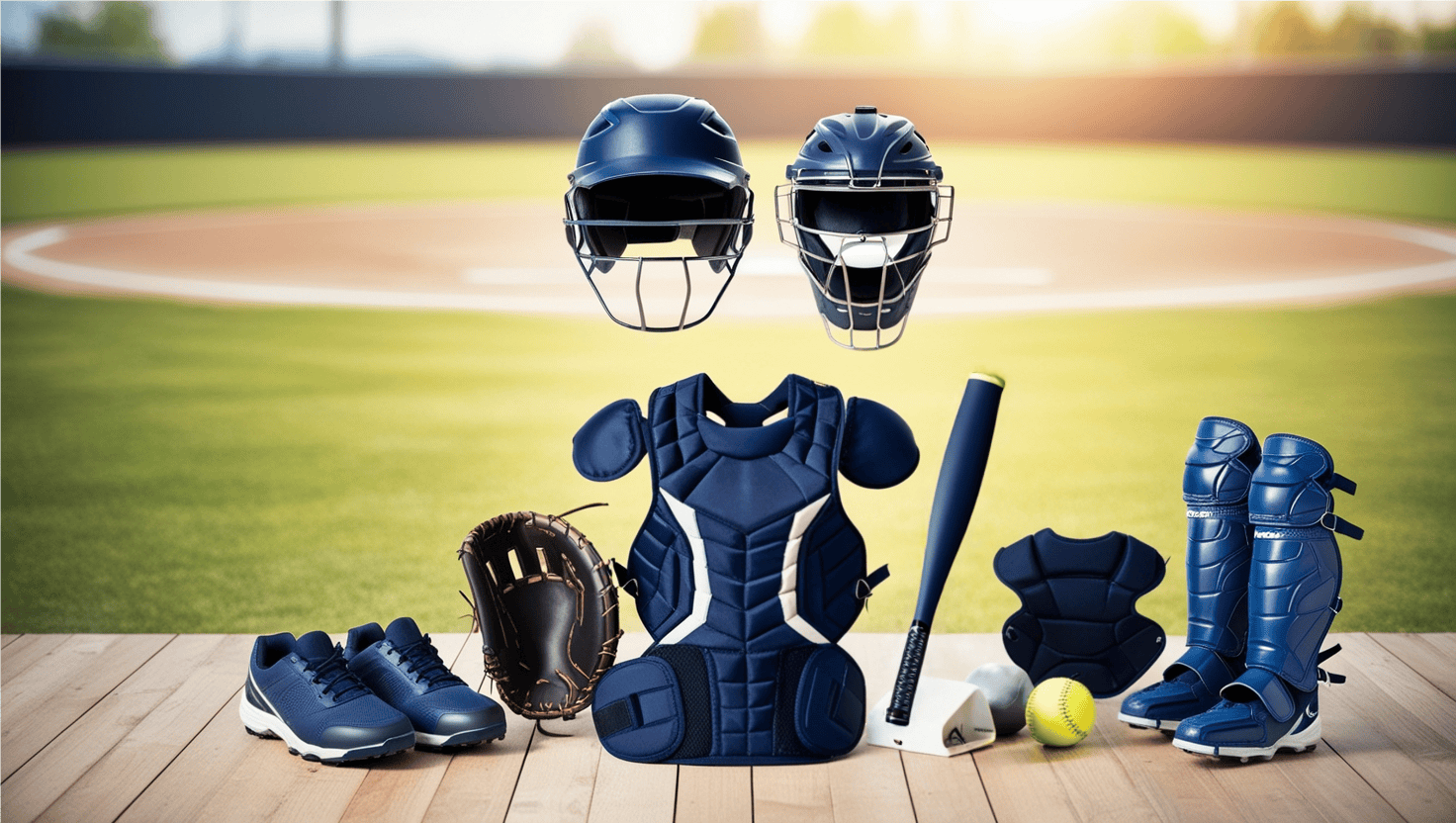 Create an image that visually portrays a comprehensive checklist for a softball catcher's gear. The foreground should feature a neatly arranged layout of essential catcher gear items on a wooden or grassy field. Include exact items such as a helmet with a faceguard, a chest protector, leg guards, a softball glove, a protective cup, and cleats. In the background, blend in elements symbolizing the game of softball, like a blurred softball and bat resting on the field, with a softly focused softball diamond under the afternoon sun. The image should evoke a sense of preparation and readiness, with a warm color palette that feels lively and energetic, capturing the spirit of the sport. Softball catcher gear checklist.