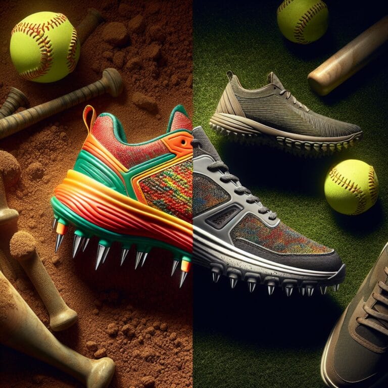 Create an image showcasing a side-by-side comparison of softball cleats and turf shoes. On the left, illustrate a close-up of a vibrant pair of softball cleats with sharp, metal spikes protruding from the sole, signifying their grip on dirt fields. The upper portion should be a combination of breathable fabric and sturdy leather, with bright team colors and dynamic patterns. On the right, display a modern pair of turf shoes, designed for artificial surfaces, with a rubber sole featuring small, dense nubs for traction. The upper should be sleek and minimalistic, made of synthetic materials in contrasting muted tones. Capture the image with a background depicting a sports field that transitions from dirt to turf, emphasizing the intended different playing surfaces for each footwear type. The scene should be well-lit, highlighting the textures and functional features of each shoe type.softball cleats vs turf shoes