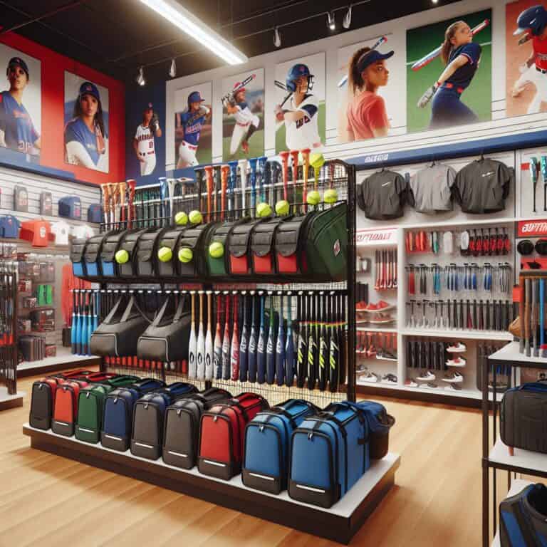 Title: A Selection of Softball Dugout Organizers Prompt: Create an image that showcases a collection of softball dugout organizers on display. The setting is a well-lit sporting goods store with neatly arranged shelves and displays. Each organizer is designed to cater to different needs: there is a hanging bag with multiple compartments for bats and helmets, a long rack with hooks for gloves and caps, and a portable cubby system for shoes and personal items. The organizers are in various colors such as vibrant team shades—royal blue, vibrant red, and forest green—as well as some in sleek black or grey for a more professional look. In the background, there are visually appealing promotional banners featuring athletes using these organizers in action-packed scenes, emphasizing their practicality and design. The overall environment is vibrant and engaging, inviting viewers to seamlessly explore the various options available for softball enthusiasts.softball dugout organizer selection