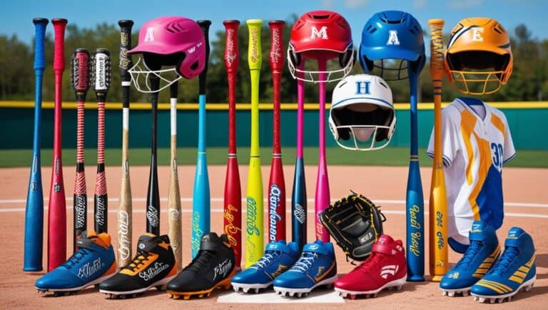 Showcasing a vibrant assortment of customizable softball equipment. Include a variety of softball bats in different colors and patterns, each with personalized engravings and grip options. Feature gloves with customizable stitching and logos, alongside helmets adorned with unique decals and colors. Display several jerseys with different fonts and customizable name and number placements. Add personalized cleats with varied color schemes and design elements such as stripes or logos. Ensure the background is a sporting environment, like a softball field, to add context and enhance the theme of personalization in sports equipment. Softball equipment customization options