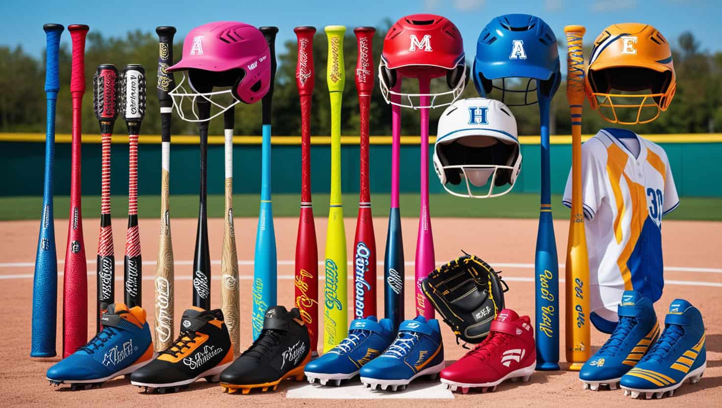 Showcasing a vibrant assortment of customizable softball equipment. Include a variety of softball bats in different colors and patterns, each with personalized engravings and grip options. Feature gloves with customizable stitching and logos, alongside helmets adorned with unique decals and colors. Display several jerseys with different fonts and customizable name and number placements. Add personalized cleats with varied color schemes and design elements such as stripes or logos. Ensure the background is a sporting environment, like a softball field, to add context and enhance the theme of personalization in sports equipment. Softball equipment customization options