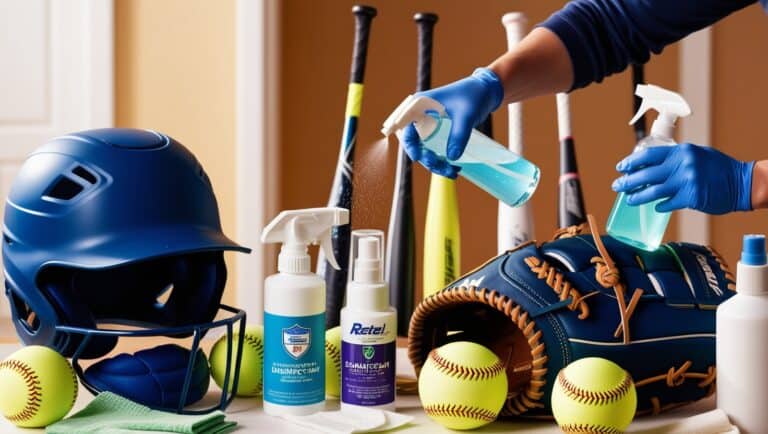 Image that portrays a collection of softball equipment undergoing a thorough disinfection process. In the foreground, display a variety of softball gear, including gloves, helmets, alloy bats, and yellow florescent softballs, all neatly arranged on a table. Nearby, place various cleaning products, such as disinfectant sprays, wipes, and a small portable UV sanitizer. Illustrate a person wearing gloves and using a spray bottle to sanitize a hyper-realistic softball glove, with visible droplets representing the liquid being applied. In the background, show a warm, well-lit room, possibly a sports equipment storage area or a home garage. Capture a sense of cleanliness and methodical care, emphasizing the importance of maintaining hygiene in sports equipment. Make sure lacing on softballs is hyper-realistic. Softball equipment disinfection methods.