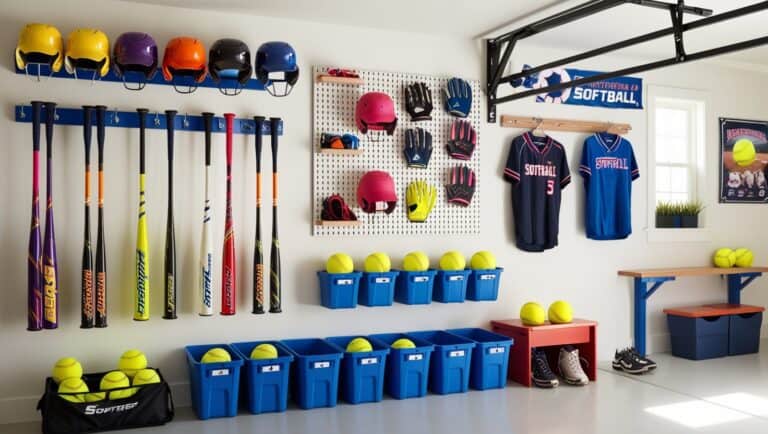 Image that captures an organized and efficient softball equipment storage solution. The scene is set in a brightly lit garage or dedicated sports room, showcasing a variety of neatly arranged softball gear. Include wall-mounted racks holding vibrant softball bats and helmets, a pegboard with hooks displaying gloves and visors, and shelves storing neatly stacked official-size softballs (11-12 inches in circumference). On the floor, there are bins labeled for cleats and additional accessories. In the background, add inspirational softball-themed posters and a small area with a bench for changing gear. The overall atmosphere should convey a sense of order, readiness, and enthusiasm for the sport. Softball equipment storage solutions.