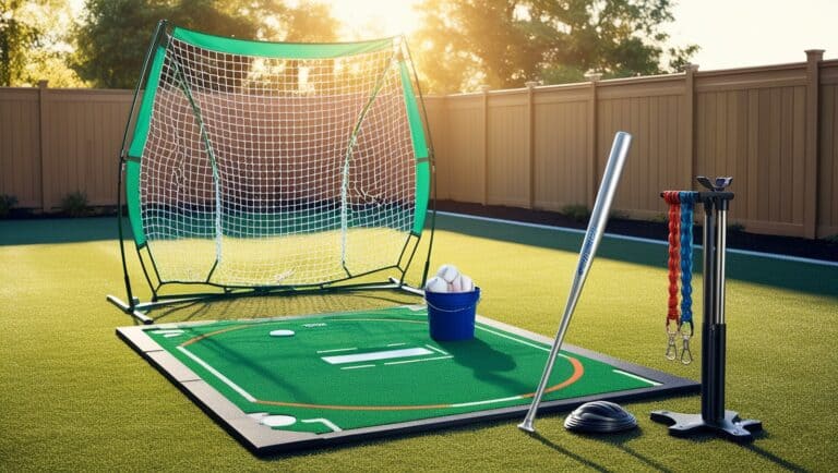 A warm, golden-lit photograph of a comprehensive home training setup for a young softball player in a spacious, neatly manicured backyard. In the center, a sturdy, portable batting net stands tall, its netting a vibrant green, surrounded by a lush lawn with a few subtle, winding blades of grass. In front of the net, a premium rubber pitching mat with a brightly colored, precision-marked strike zone lies flat, awaiting the next pitching practice. Nearby, a bucket of fresh, white softballs overflows, a sleek, silver, lightweight aluminum bat leaning casually against the net's frame. To the side, a state-of-the-art, adjustable tee stands ready for perfecting swings, while a set of colorful, coiled resistance bands hangs neatly from a sturdy, wooden fence, their metallic clips glinting in the fading sunlight. The entire scene is bathed in the warm, comforting glow of the setting sun, creating an inspiring, inviting atmosphere for dedicated home athletic training. Softball home training equipment