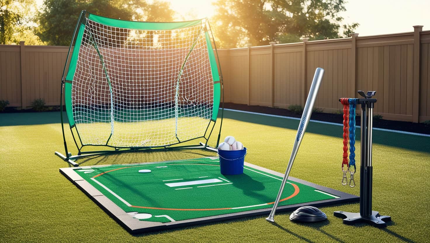 A warm, golden-lit photograph of a comprehensive home training setup for a young softball player in a spacious, neatly manicured backyard. In the center, a sturdy, portable batting net stands tall, its netting a vibrant green, surrounded by a lush lawn with a few subtle, winding blades of grass. In front of the net, a premium rubber pitching mat with a brightly colored, precision-marked strike zone lies flat, awaiting the next pitching practice. Nearby, a bucket of fresh, white softballs overflows, a sleek, silver, lightweight aluminum bat leaning casually against the net's frame. To the side, a state-of-the-art, adjustable tee stands ready for perfecting swings, while a set of colorful, coiled resistance bands hangs neatly from a sturdy, wooden fence, their metallic clips glinting in the fading sunlight. The entire scene is bathed in the warm, comforting glow of the setting sun, creating an inspiring, inviting atmosphere for dedicated home athletic training. Softball home training equipment