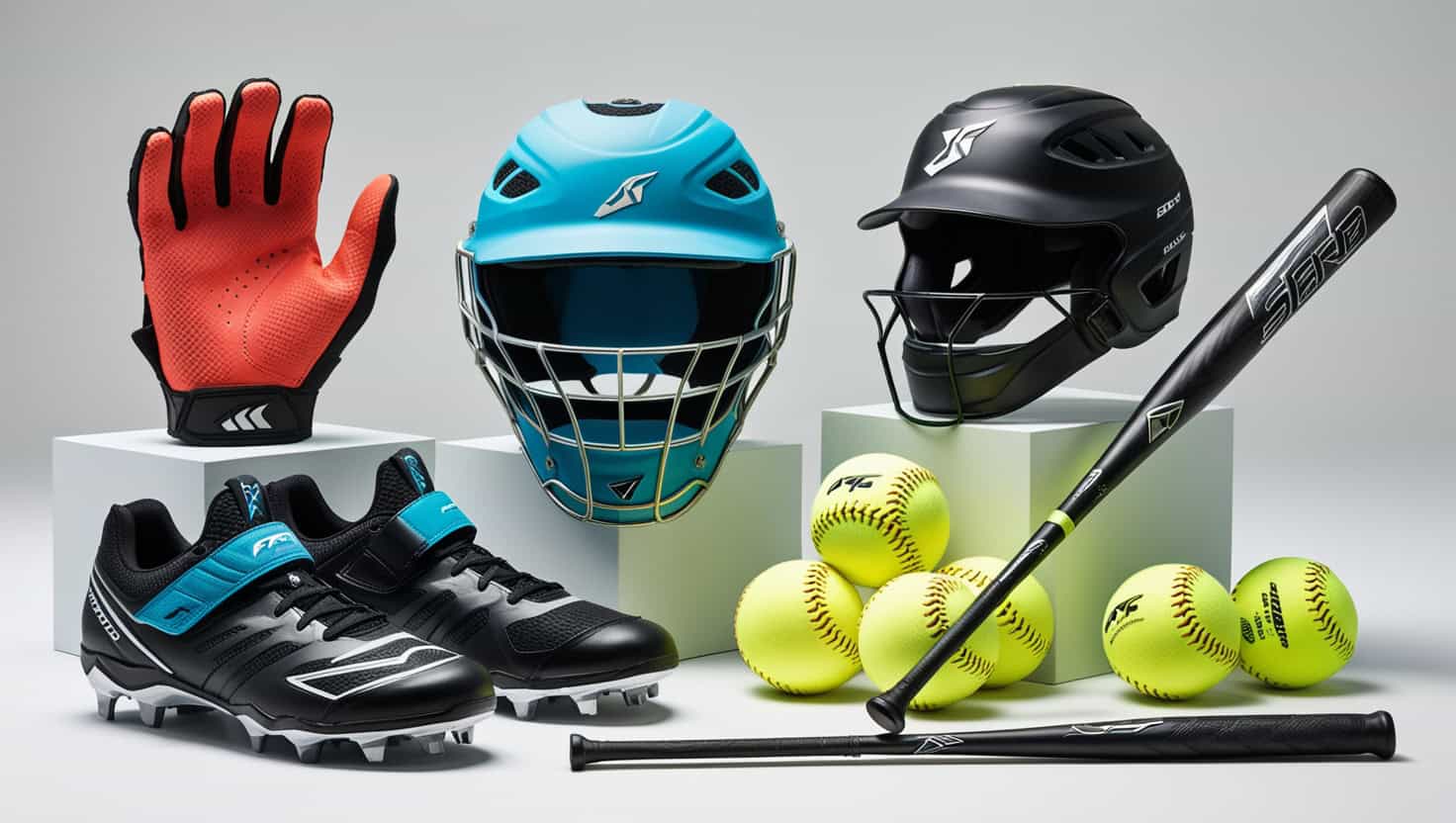 Image that showcases an array of softball performance accessories, capturing the essence of both functionality and style. Arrange the items in a visually appealing and organized manner against a clean, neutral background. Include a pair of high-performance cleats with durable, non-slip soles, designed for maximum traction on the field. Incorporate a brightly colored batting glove adorned with breathable mesh and ergonomic padding for optimal grip and comfort. Feature a contoured, lightweight helmet with a sleek design, ensuring full protection with integrated face guard. Display a durable bat with a textured grip and aerodynamic shape, accompanied by a collection of softballs in varying vibrant colors. Enhance the composition with a performance-enhancing wristband with moisture-wicking properties, and a stylish visor to keep the sun at bay, made from high-quality materials. Ensure the lighting highlights the textures and details of each item, emphasizing their advanced features and modern designs. Softball performance accessories
