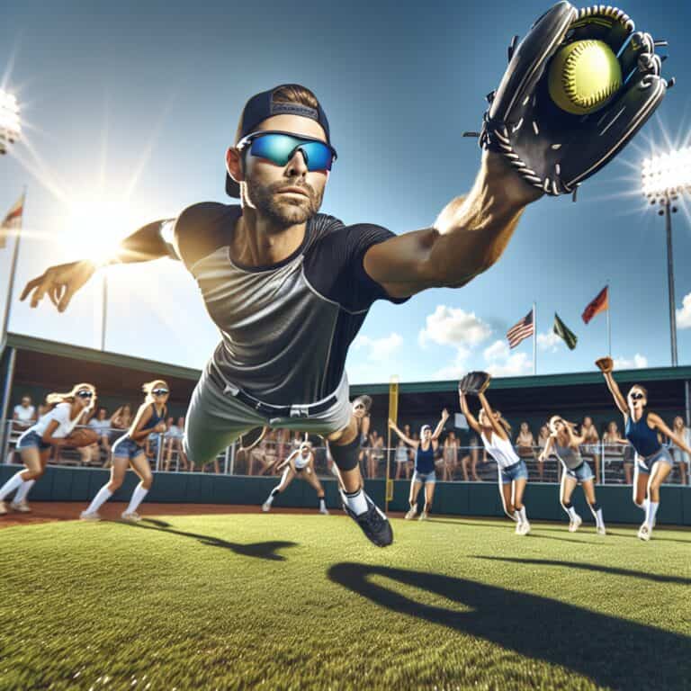 Create an action-packed scene on a sunny day at a bustling softball field, showcasing a talented outfielder leaping into the air to make an impressive catch. The focus should be on the outfielder wearing sleek, reflective sunglasses specifically designed for optimal sun protection and enhanced vision on the field. These sunglasses should feature a sporty, aerodynamic design with mirrored lenses that reduce glare and highlight the athlete's focused expression. Surrounding the scene, capture elements of a vibrant game atmosphere: teammates cheering from the dugout, an enthusiastic crowd in the stands, and bright green grass. The sunlight should be depicted in a way that highlights the importance of the sunglasses in assisting the player's performance, with lens reflections mirroring a clear blue sky. Emphasize energy, athleticism, and the essential eye protection softball sunglasses provide for outfielders in dazzling sunlight.softball sunglasses for outfielders