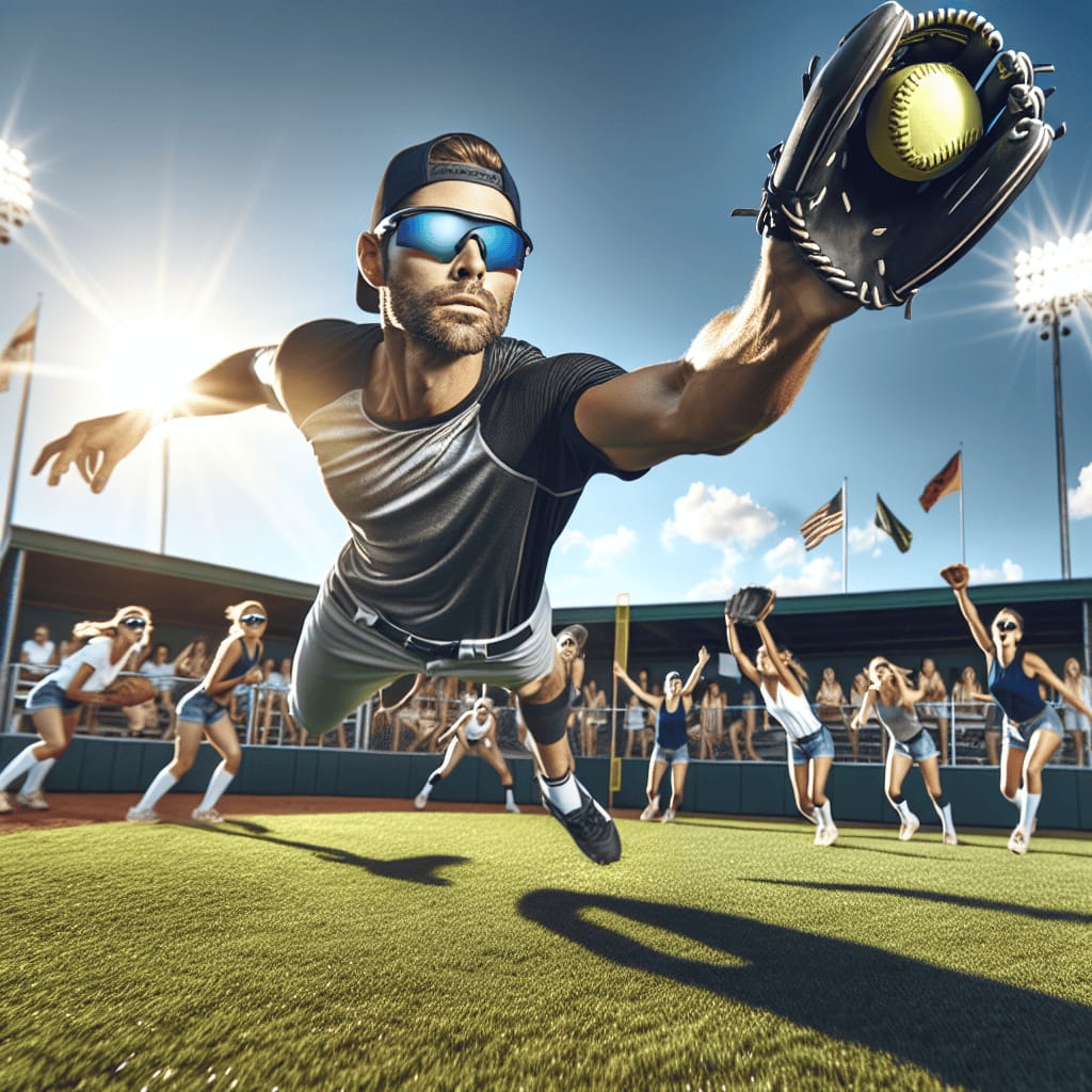 Create an action-packed scene on a sunny day at a bustling softball field, showcasing a talented outfielder leaping into the air to make an impressive catch. The focus should be on the outfielder wearing sleek, reflective sunglasses specifically designed for optimal sun protection and enhanced vision on the field. These sunglasses should feature a sporty, aerodynamic design with mirrored lenses that reduce glare and highlight the athlete's focused expression. Surrounding the scene, capture elements of a vibrant game atmosphere: teammates cheering from the dugout, an enthusiastic crowd in the stands, and bright green grass. The sunlight should be depicted in a way that highlights the importance of the sunglasses in assisting the player's performance, with lens reflections mirroring a clear blue sky. Emphasize energy, athleticism, and the essential eye protection softball sunglasses provide for outfielders in dazzling sunlight.softball sunglasses for outfielders