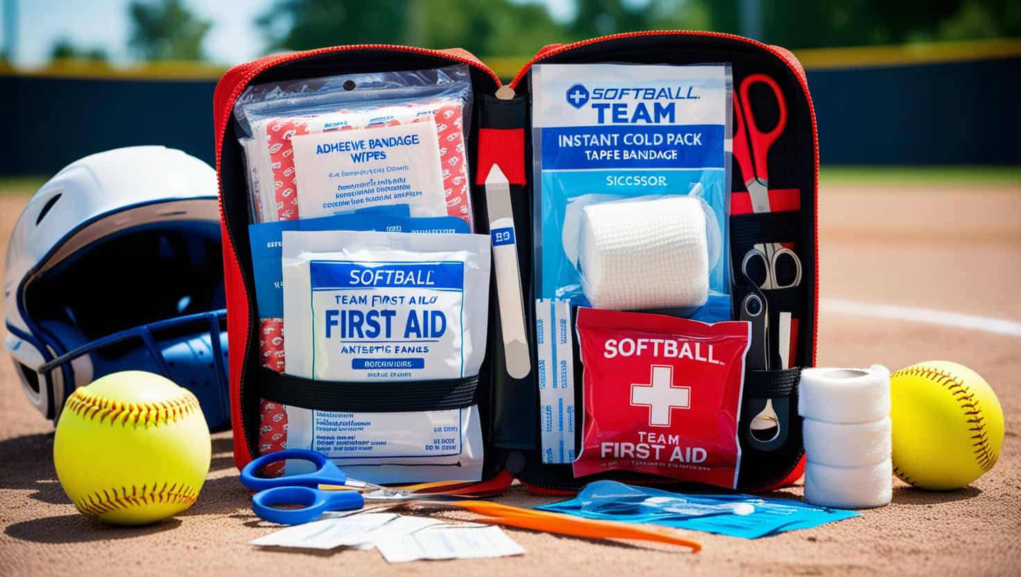 Image depicting a well-organized softball team first aid kit. The kit should be open, clearly showing its contents, which include various medical supplies such as adhesive bandages, antiseptic wipes, gauze pads, an instant cold pack, an elastic bandage, tape, scissors, tweezers, and gloves. Surrounding the kit, show elements of a softball game, like a glove, a softball, a helmet, and part of the field in the background. The setting should be outdoors with bright, natural lighting, emphasizing the importance of being prepared during sports activities.