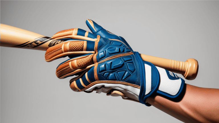 A close-up, professional photograph of a realistic, well-worn batting glove worn by a softball player's hand, emphasizing the intricate grip patterns and textures that provide a secure hold on the softball bat, with the hand posed in a natural, relaxed position, fingers gently wrapped around the bat handle, set against a clean, neutral background that allows the glove to take center stage, with the glove's vibrant colors and subtle wear and tear standing out, and the Softball player's hand featuring distinct, natural skin tones and realistic fingers, with the overall image rendered in sharp, high-contrast detail to highlight the glove's features. Softball Batting Gloves Guide