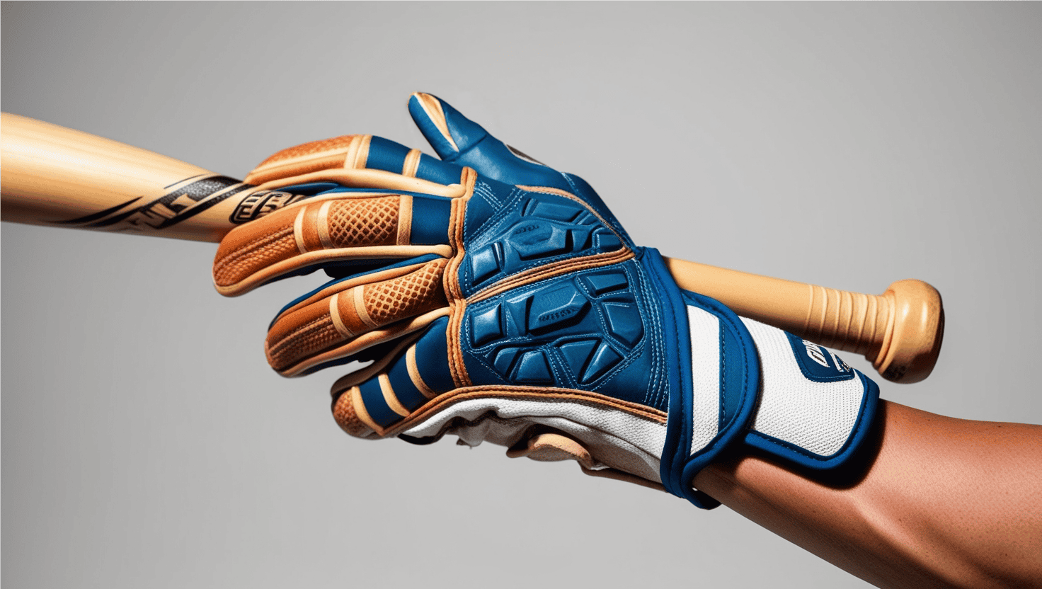 A close-up, professional photograph of a realistic, well-worn batting glove worn by a softball player's hand, emphasizing the intricate grip patterns and textures that provide a secure hold on the softball bat, with the hand posed in a natural, relaxed position, fingers gently wrapped around the bat handle, set against a clean, neutral background that allows the glove to take center stage, with the glove's vibrant colors and subtle wear and tear standing out, and the Softball player's hand featuring distinct, natural skin tones and realistic fingers, with the overall image rendered in sharp, high-contrast detail to highlight the glove's features. Softball Batting Gloves Guide
