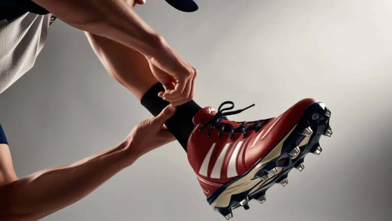 High-resolution, professionally lit, and sharply focused photograph of a person, likely an athlete, in the process of putting on a softball cleat on their foot, captured in a studio or controlled environment with a clean, neutral-colored background, the cleat's laces and metal spikes prominent, the foot's skin tone a warm, healthy shade, the facial features, including eyes, nose, and mouth, relaxed and focused on the task, the overall mood of the image conveying a sense of preparation, concentration, and athleticism, the camera angled slightly above, providing a dynamic and heroic perspective, the lighting emphasizing the textures and contours of the cleat, foot, and surrounding fabric, with subtle shadows adding depth and dimensionality. For Softball Cleat Fitting Tips