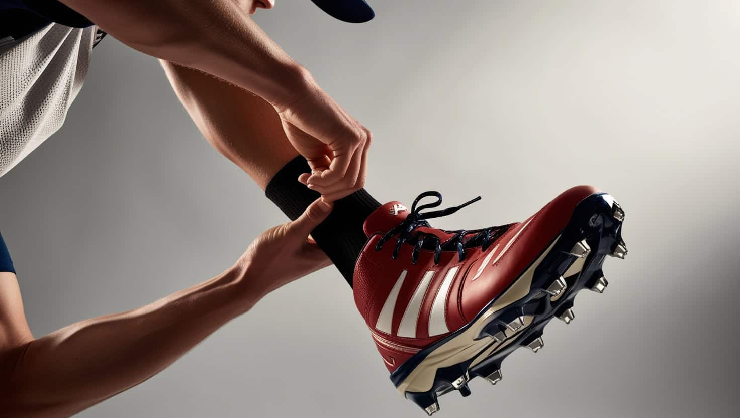 High-resolution, professionally lit, and sharply focused photograph of a person, likely an athlete, in the process of putting on a softball cleat on their foot, captured in a studio or controlled environment with a clean, neutral-colored background, the cleat's laces and metal spikes prominent, the foot's skin tone a warm, healthy shade, the facial features, including eyes, nose, and mouth, relaxed and focused on the task, the overall mood of the image conveying a sense of preparation, concentration, and athleticism, the camera angled slightly above, providing a dynamic and heroic perspective, the lighting emphasizing the textures and contours of the cleat, foot, and surrounding fabric, with subtle shadows adding depth and dimensionality. For Softball Cleat Fitting Tips