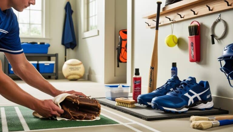Captures the essence of softball gear maintenance, showcasing various equipment and tools used in the process. The scene is set in a well-organized garage or sports room, brimming with natural light streaming through a nearby window. In the foreground, a player is meticulously cleaning a worn-out softball glove, using a soft cloth and applying leather conditioner. Nearby, a bat hangs on a wall-mounted rack with a bottle of polish and a soft brush placed conveniently at hand. A pair of cleats sits on a mat, with cleaning brushes and a waterproofing spray highlighting their care regimen. Chalk lines on the floor suggest a designated cleaning space, and neatly arranged containers hold spare laces, grip tapes, and other essential maintenance items. Display an environment that speaks to the dedication and love for the sport through the care of one’s gear.