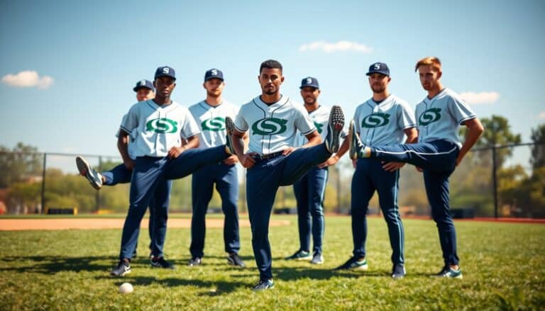A professional, hyper realistic photograph of male baseball players in their late teens or early twenties, different skin colors, body shapes, wearing a sleek, white and navy blue jersey with a bold, green "S" logo on the chest, and matching navy blue pants with a thin, white stripe running down the side, players are standing in a circle performing multiple leg stretching exercises to loosen up muscles to get ready for the game, on a sunny day at an outdoor softball field with a lush, green grass and a few faint, white clouds scattered across the bright blue sky, with the softball field's chain-link fence and trees blurred in the background, captured in a shallow depth of field, with the player's natural hyper realistic facial features. Make sure all players have heads. Softball flexibility training.