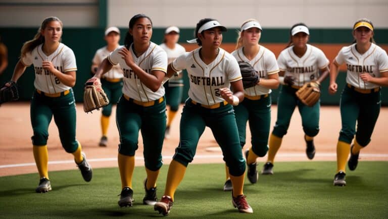 A crisp, high-definition photograph of a group of realistic male and female softball players, different ethnicity skin types, likely in their late teens to early twenties, engaging in off-season training, captured by a professional photographer in a well-lit, indoor sports facility or a sun-drenched outdoor field, with a shallow depth of field to emphasize the athletes' powerful movements and determined expressions, featuring a warm color palette with earthy tones of green, brown, and beige, accented by the vibrant hues of their team uniforms and equipment, with a focus on the texture of the grass or turf beneath their feet, and the worn, leathery texture of the softball gloves, as the players run drills, swing bats, and throw pitches, their faces set in fierce concentration, sweat-drenched and flushed, with varying skin tones and unique hairstyles, and subtle hints of teamwork and camaraderie in their relaxed, yet focused, body language. Softball Off-Season Training