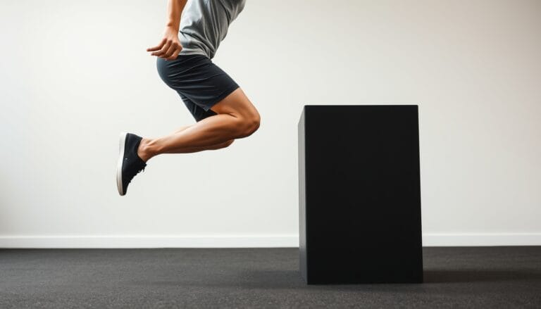A side-view photo of an athletic person performing a box jump exercise. They are captured mid-jump, their body bent at the knees and hips, arms swinging forward for momentum. The person is wearing athletic clothing - compression shorts and a fitted t-shirt. Their feet are lifted off the ground as they jump towards a solid black or wooden plyometric box that is approximately 24 inches high. The background is a clean, minimalist gym setting with rubber flooring. The lighting is bright and even, clearly showing the explosive movement and body positioning. Softball Plyometric Exercises
