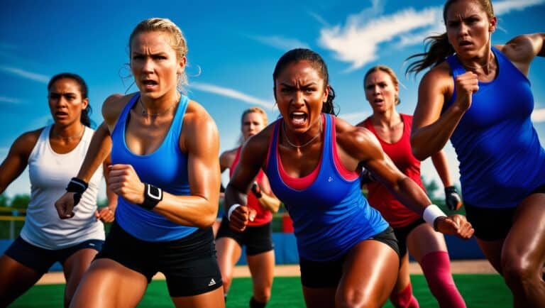 A crisp, high-contrast photograph capturing the dynamic energy of a high-intensity softball cardio workout, with a shallow depth of field to emphasize the athletes' movements, set against a bright blue sky with few wispy clouds, the sun casting a warm golden light on the scene, highlighting the beads of sweat on the players' faces, their skin tones ranging from soft porcelain to warm caramel, their facial features tense with effort, their eyes fierce with determination, must be a mixture of men and women of different ethnicities, their athletic wear a vibrant mix of blues, reds, and whites, the softball diamond's grass a lush emerald green, the overall mood intense, energetic, and suspenseful, with a slight blur effect to convey the fast-paced action, the image cropped to focus on the athletes' movements, with a slight vignette to draw the viewer's attention to the center of the frame. Softball cardio workouts.