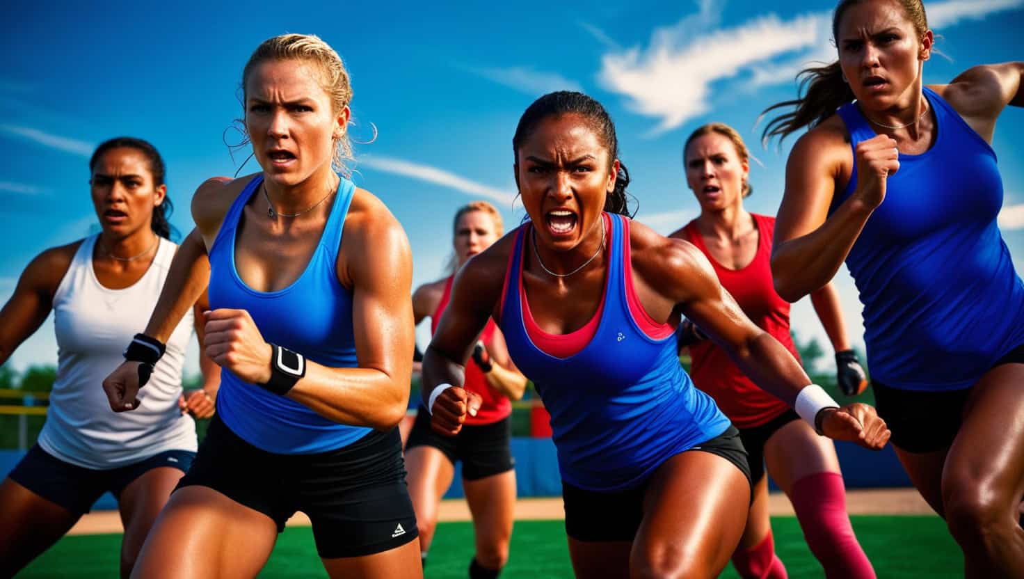 A crisp, high-contrast photograph capturing the dynamic energy of a high-intensity softball cardio workout, with a shallow depth of field to emphasize the athletes' movements, set against a bright blue sky with few wispy clouds, the sun casting a warm golden light on the scene, highlighting the beads of sweat on the players' faces, their skin tones ranging from soft porcelain to warm caramel, their facial features tense with effort, their eyes fierce with determination, must be a mixture of men and women of different ethnicities, their athletic wear a vibrant mix of blues, reds, and whites, the softball diamond's grass a lush emerald green, the overall mood intense, energetic, and suspenseful, with a slight blur effect to convey the fast-paced action, the image cropped to focus on the athletes' movements, with a slight vignette to draw the viewer's attention to the center of the frame. Softball cardio workouts.