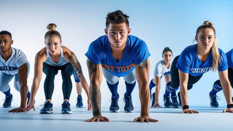 A bright and vibrant photograph of a diverse group of baseball and softball players, consisting of three to five athletes, performing various core ab exercises like, planks, russian twists, specifically designed to improve their rotational power and overall game performance, set against a clean and minimalist background with a subtle gradient of blues and whites, evoking a sense of professionalism and athleticism, with the athletes wearing modern, high-contrast sportswear and athletic shoes, their facial expressions focused and determined, skin tones ranging from fair to dark, with unique attributes such as varying hair styles, tattoos, and athletic builds, the photography style is crisp and sharp, with a shallow depth of field, emphasizing the athletes' movements and muscles, captured from a slightly low angle to convey a sense of strength and power. Softball core exercises.
