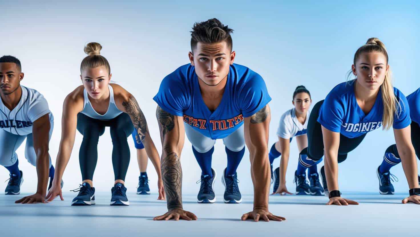 A bright and vibrant photograph of a diverse group of baseball and softball players, consisting of three to five athletes, performing various core ab exercises like, planks, russian twists, specifically designed to improve their rotational power and overall game performance, set against a clean and minimalist background with a subtle gradient of blues and whites, evoking a sense of professionalism and athleticism, with the athletes wearing modern, high-contrast sportswear and athletic shoes, their facial expressions focused and determined, skin tones ranging from fair to dark, with unique attributes such as varying hair styles, tattoos, and athletic builds, the photography style is crisp and sharp, with a shallow depth of field, emphasizing the athletes' movements and muscles, captured from a slightly low angle to convey a sense of strength and power. Softball core exercises.