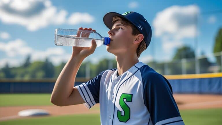 A professional, high-quality photograph of a male baseball player in his late teens or early twenties, wearing a sleek, white and navy blue jersey with a bold, green "S" logo on the chest, and matching navy blue pants with a thin, white stripe running down the side, taking a refreshing drink from a clear, plastic hydration bottle with a few drops of water clinging to the rim, on a sunny day at an outdoor softball field with a lush, green grass and a few faint, white clouds scattered across the bright blue sky, with the softball field's chain-link fence and trees blurred in the background, captured in a shallow depth of field, with the player's facial features soft and slightly out of focus, but his eyes sparkling with determination and a hint of exhaustion, and his short brown hair. Softball hydration tips.