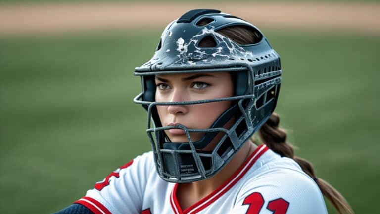 a crisp, high-contrast photograph of a determined softball player, wearing a battered infielder's protective face mask with scratches and scuffs, features prominent nose guard and forehead padding, gazing intently into the distance, athletic wear includes a white jersey with bold, red numbers and a pair of knee-high, softball pants with a subtle, textured pattern, a well-manicured grassy field stretches out behind the player, with a shallow depth of field blurring the background, capturing the intensity and focus of the athlete in a moment of quiet contemplation, shot in a horizontal composition with the subject centered, soft, natural light illuminates the scene, accentuating the player's toned, athletic physique. Representing softball infielder face mask guide.