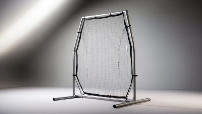 a high-angle, well-lit, and sharply focused professional photograph of a sleek, silver I-shaped softball screen positioned against a clean, gradient background with subtle grayscale tones, showcasing every detail of the screen's mesh pattern and sturdy frame, captured with a shallow depth of field to blur the surrounding environment, emphasizing the subject's textures and contours, with a slight warm color tone to evoke a sense of sportsmanship and competitiveness.