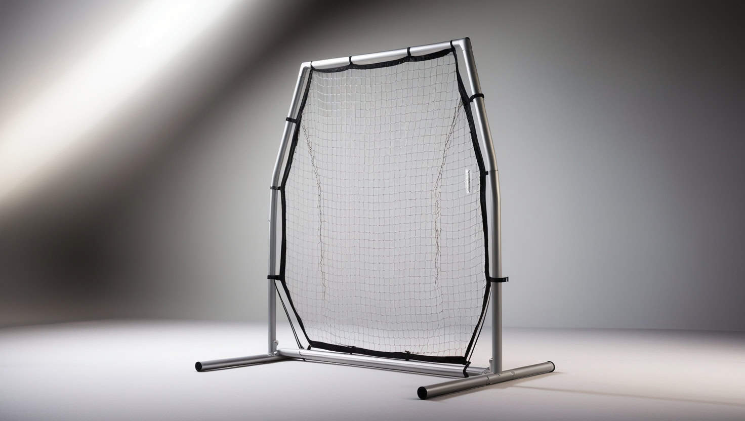 a high-angle, well-lit, and sharply focused professional photograph of a sleek, silver I-shaped softball screen positioned against a clean, gradient background with subtle grayscale tones, showcasing every detail of the screen's mesh pattern and sturdy frame, captured with a shallow depth of field to blur the surrounding environment, emphasizing the subject's textures and contours, with a slight warm color tone to evoke a sense of sportsmanship and competitiveness.