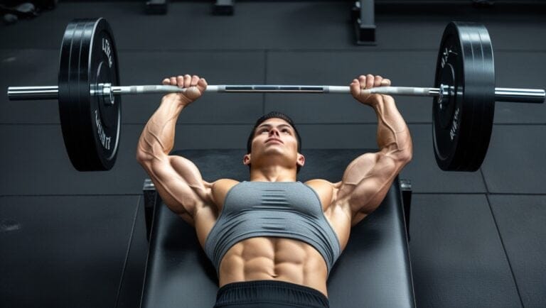 A slim or lean built athlete lies on their back on a black padded weight bench. Their feet are firmly planted on the floor on either side of the bench. Both hands grip the silver Olympic barbell with a slightly wider than shoulder-width grip, thumbs wrapped around the bar in a full grip position. The hands are positioned on the knurled sections of the barbell, with ring fingers roughly aligned with the smooth ring marks on the bar. The loaded barbell hovers just above their chest with arms extended upward. The athlete wears a fitted gray athletic tank top and black shorts. Their face shows focused concentration, with slightly furrowed brows and controlled breathing. The scene is set in a gym environment with rubber flooring and other weight equipment visible in the background. Natural lighting from overhead highlights the definition in their arms and shoulders during the exercise. The athlete's posture demonstrates proper form - shoulders back, chest up, and a slight natural arch in the lower back. Strength training for softball