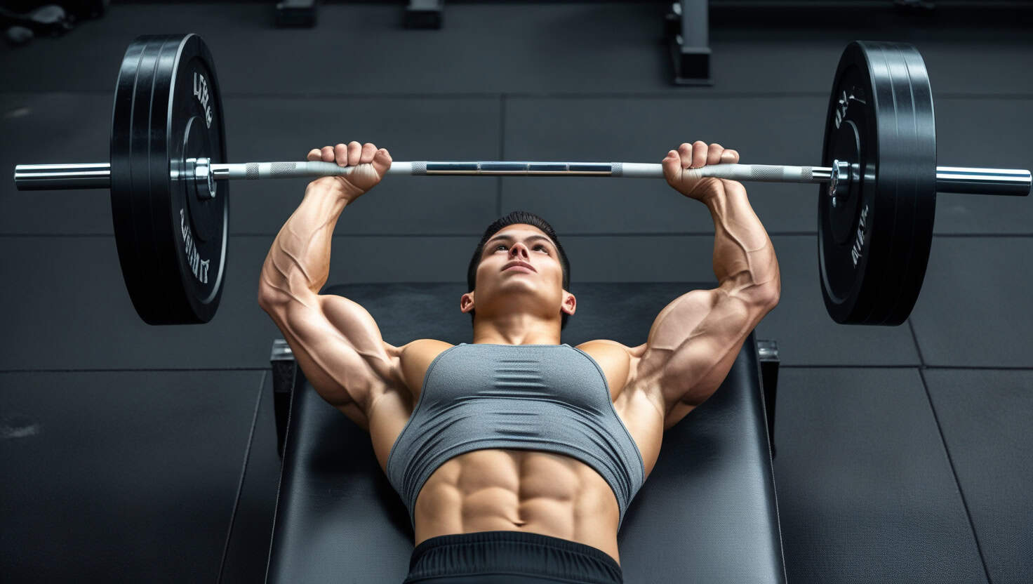 A slim or lean built athlete lies on their back on a black padded weight bench. Their feet are firmly planted on the floor on either side of the bench. Both hands grip the silver Olympic barbell with a slightly wider than shoulder-width grip, thumbs wrapped around the bar in a full grip position. The hands are positioned on the knurled sections of the barbell, with ring fingers roughly aligned with the smooth ring marks on the bar. The loaded barbell hovers just above their chest with arms extended upward. The athlete wears a fitted gray athletic tank top and black shorts. Their face shows focused concentration, with slightly furrowed brows and controlled breathing. The scene is set in a gym environment with rubber flooring and other weight equipment visible in the background. Natural lighting from overhead highlights the definition in their arms and shoulders during the exercise. The athlete's posture demonstrates proper form - shoulders back, chest up, and a slight natural arch in the lower back. Strength training for softball