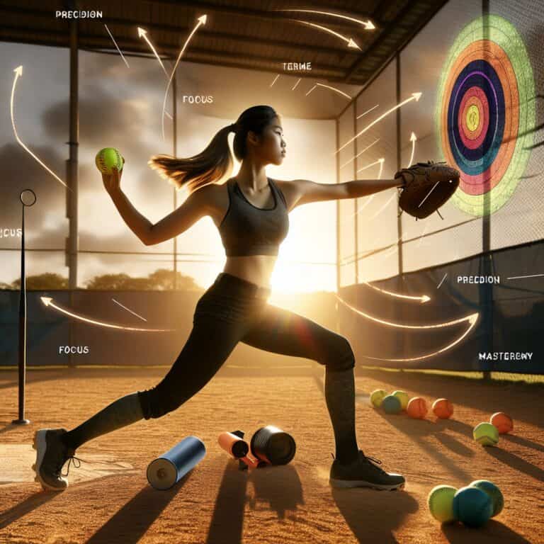 Title: "Improving Softball Throwing Accuracy" Description: Create an image that captures the essence of improving accuracy in softball throwing. Feature a skilled softball player in mid-motion, focusing intensely on her target. She is on a brightly lit softball diamond during the golden hour, with rays of sunlight casting dynamic shadows. Her posture illustrates perfect form, with her arm extended and wrist flicking precisely towards a brightly colored target that sits on a fence in the background. Surrounding her, there are training aids such as cones and resistance bands, symbolizing dedication to practice. In the sky, faint, artistic lines trace the path of the ball, showing the trajectory heading perfectly towards the target. Add a subtle overlay of inspirational words like "Focus", "Precision", and "Mastery" in the background, to emphasize the theme of self-improvement and skill development in the sport.improve softball throwing accuracy