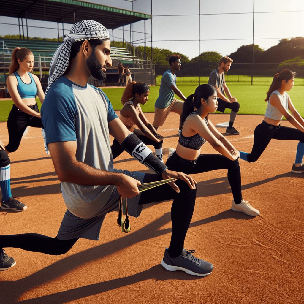 Create an image highlighting the theme of "softball injury prevention" by depicting a diverse group of athletes engaging in a dynamic warm-up session on a softball field. The setting is a sunny afternoon with a well-maintained, lush green field in the background. The composition includes a coach demonstrating proper stretching techniques, such as lunges and arm circles, with players of various ages and ethnicities following along. In the foreground, showcase a player using resistance bands to strengthen their arms and shoulders. Add subtle elements like wrist guards and knee pads to emphasize safety, and in the distance, depict another group practicing controlled sliding techniques on a soft, sand-like surface. The overall scene should convey a sense of teamwork, diligence, and emphasis on avoiding injuries during play.softball injury prevention