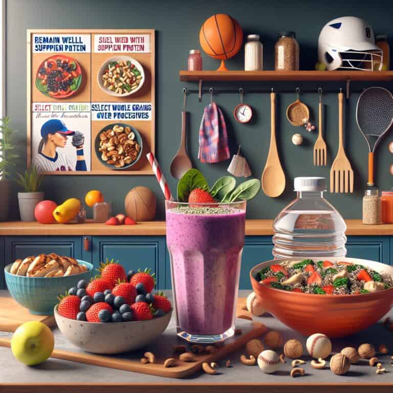 Create an illustration depicting a dynamic scene centered around softball nutrition tips. The image should feature a colorful and inviting kitchen setting where various nutritious food items specifically beneficial for softball players are displayed. Include a countertop with a vibrant smoothie made of berries, spinach, and protein powder; a bowl of mixed nuts; a plate with grilled chicken and quinoa salad; and a water bottle infused with citrus slices. In the background, portray a bulletin board with nutrition tips, such as "Stay Hydrated," "Fuel with Protein," and "Choose Whole Grains." Add a subtle touch of softball elements, like a glove or bat leaning against the wall or a softball cap hanging on a chair, to connect the nutrition aspect with the sport. The overall tone should be energizing and informative, emphasizing the blend of fitness and diet for enhanced athletic performance.softball nutrition tips