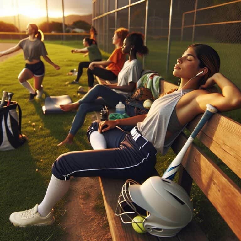 Title: Softball Rest and Recovery Description: Create an image that captures the essence of rest and recovery for a dedicated softball player after an intense practice. The scene is set in a serene outdoor park during the golden hour, where the sun is setting and casting a warm, calming glow over the surroundings. A young female softball player, still in her uniform, is seated comfortably on a park bench. Her helmet, gloves, and bat are placed neatly beside her on the bench. The player is slightly reclined, eyes closed, with a relaxed and content expression, suggesting she's savoring a moment of tranquility and fully embracing the peacefulness around her. Her bag lies open at her feet, with a water bottle, a cooling towel, and a book peeking out, hinting at her mindfulness and self-care routine. In the background, a few other players are also in rest mode, some stretching with yoga mats on the grass, others engaged in light-hearted conversation, and one listening to music with headphones on. The park's verdant grass, colorful wildflowers, and the distant silhouette of a softball field create a balanced backdrop that emphasizes relaxation and rejuvenation. The overall mood of the image should evoke a sense of well-being, community, and the importance of balancing hard work with necessary downtime.softball rest and recovery