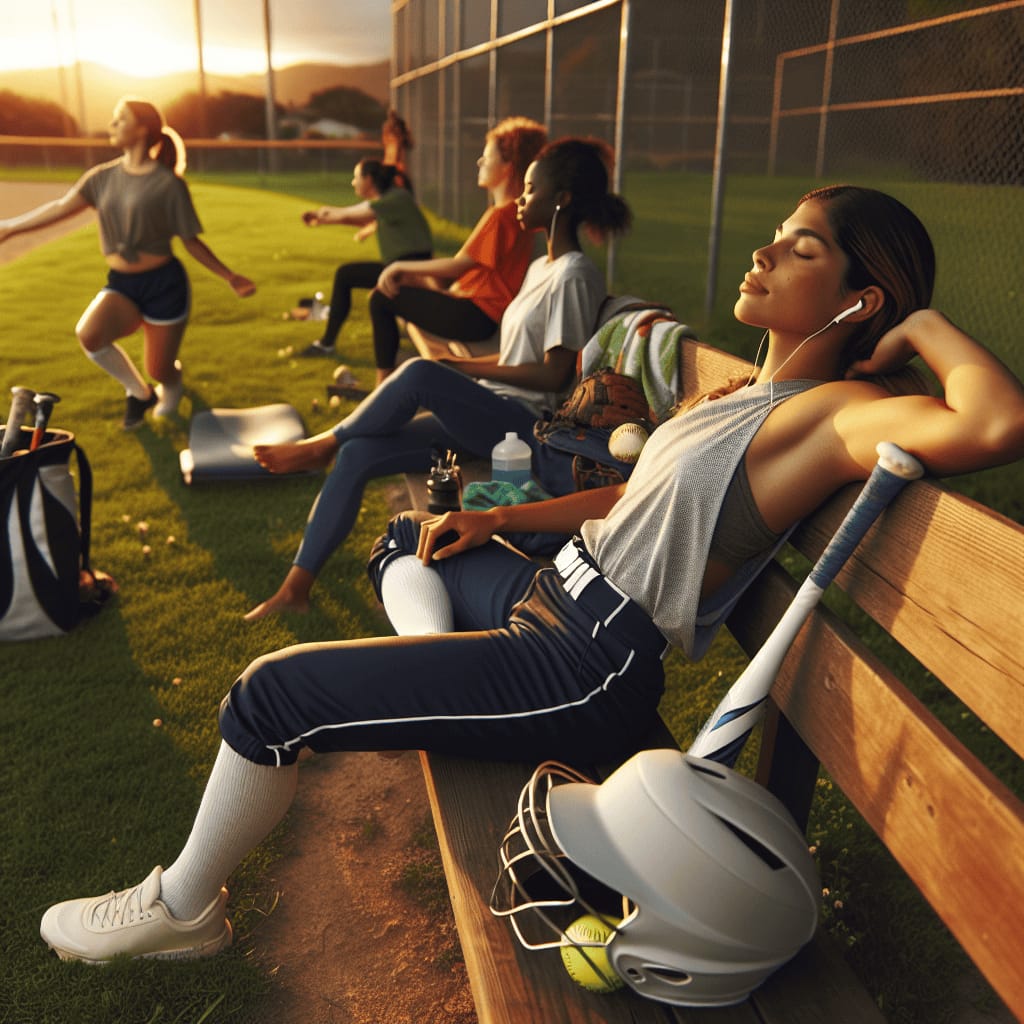 Title: Softball Rest and Recovery Description: Create an image that captures the essence of rest and recovery for a dedicated softball player after an intense practice. The scene is set in a serene outdoor park during the golden hour, where the sun is setting and casting a warm, calming glow over the surroundings. A young female softball player, still in her uniform, is seated comfortably on a park bench. Her helmet, gloves, and bat are placed neatly beside her on the bench. The player is slightly reclined, eyes closed, with a relaxed and content expression, suggesting she's savoring a moment of tranquility and fully embracing the peacefulness around her. Her bag lies open at her feet, with a water bottle, a cooling towel, and a book peeking out, hinting at her mindfulness and self-care routine. In the background, a few other players are also in rest mode, some stretching with yoga mats on the grass, others engaged in light-hearted conversation, and one listening to music with headphones on. The park's verdant grass, colorful wildflowers, and the distant silhouette of a softball field create a balanced backdrop that emphasizes relaxation and rejuvenation. The overall mood of the image should evoke a sense of well-being, community, and the importance of balancing hard work with necessary downtime.softball rest and recovery