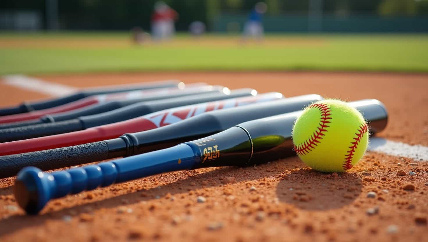 A professional product photography image featuring a collection of premium slow pitch softball bats arranged in a visually appealing display on a well-maintained softball field. In the foreground, place 5 different high-end softball bats fanned out in a semi-circle on the infield dirt near home plate, with fake brand logos clearly visible. Each bat should show distinct design features: different barrel colors, grip textures, and handle styles. The bats should be end-loaded models with thick barrels characteristic of slow pitch bats (not the thinner baseball or fast-pitch styles). Position a bright yellow realistic softball with visible red stitching near the bats for context which has a smooth finish. The lighting should create natural gleaming highlights on the metal/composite bat barrels to emphasize their quality construction. The background should show a slightly blurred softball diamond with a pitcher's mound and outfield fence visible but not distracting. The depth of field should keep the bats in sharp focus while creating a professional, slightly blurred background effect. The composition should leave space at the top suitable for text overlay in a blog format. The overall color palette should include the vibrant brand colors against the earth tones of the softball field, photographed in bright natural daylight with rich, true-to-life colors and photorealistic detail capturing the textures of the grip materials and bat finishes. Best Slow Pitch Softball Bat Brands